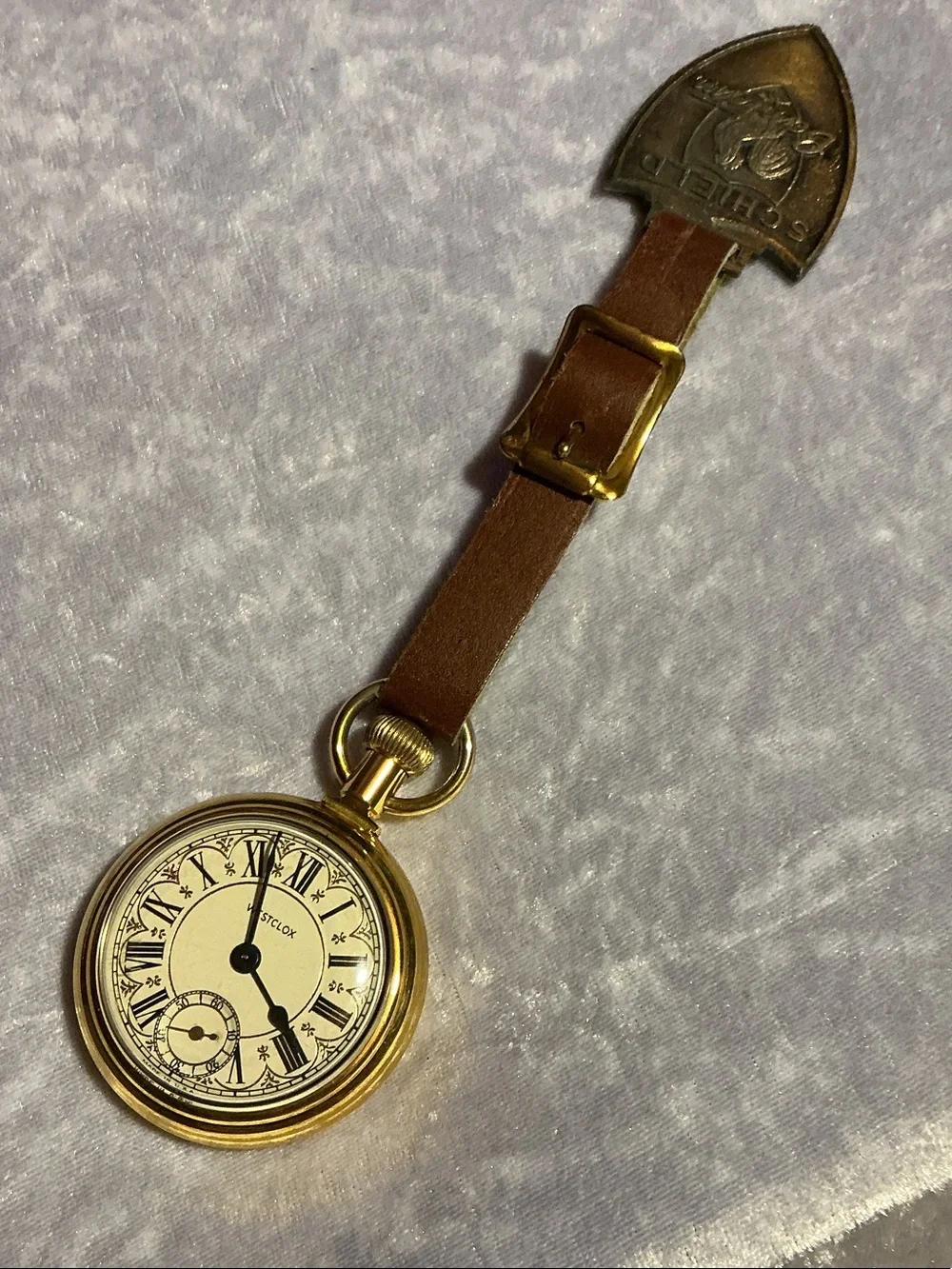 Goldtone Train Pocket Watch with Brown Leather Strap & Fob